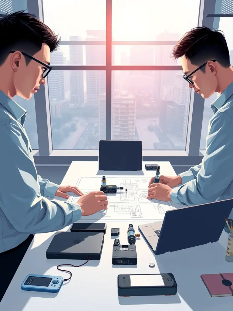 A team of engineers and designers collaborating on a new vape device design in a Shenzhen R&D center, emphasizing innovation and product development.