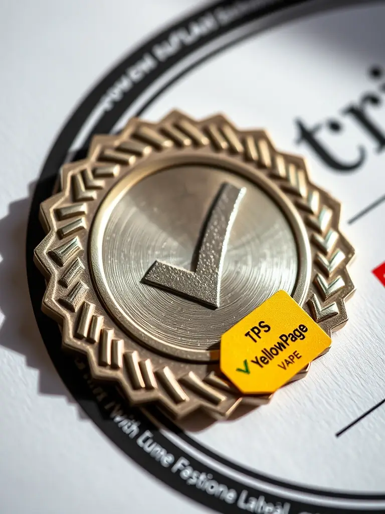 A badge or certificate icon representing compliance certifications, displayed prominently with the YellowPage Vape logo, symbolizing the platform's commitment to verifying and showcasing certified vape businesses.