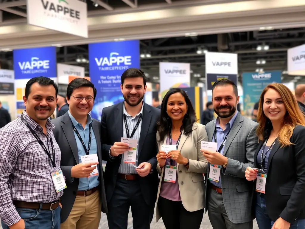 A professional vape industry event, showcasing various vape products and technologies, with industry professionals networking and discussing business opportunities.