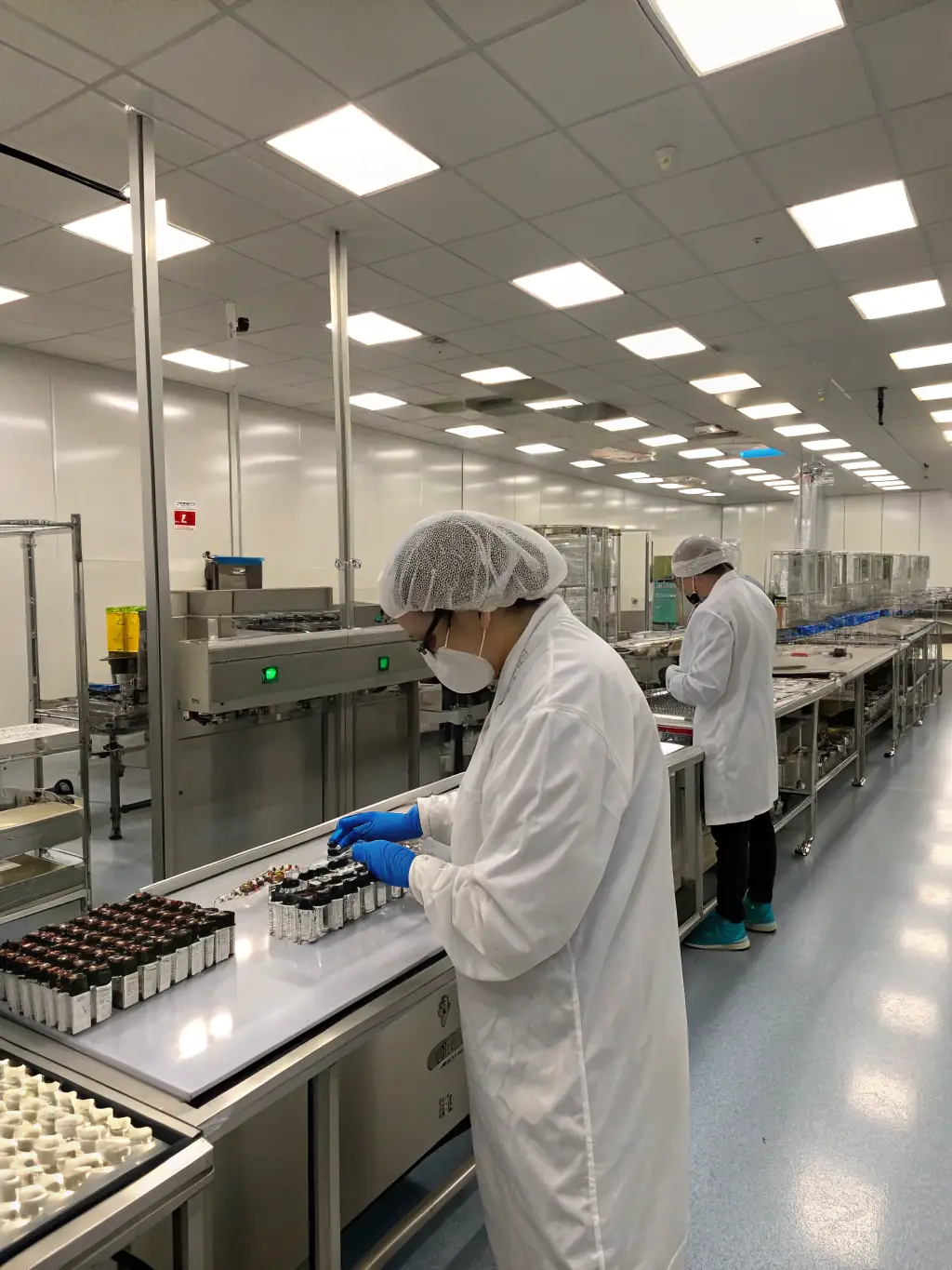 A close-up shot of a quality control technician inspecting vape cartridges on a production line in Shenzhen, highlighting the rigorous quality assurance processes.