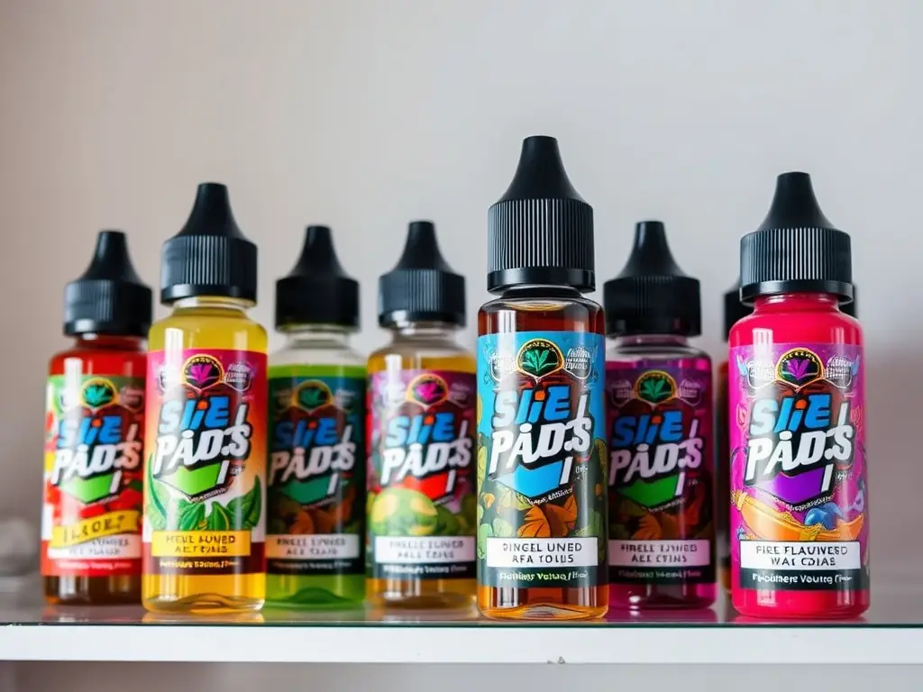 A vibrant display of different e-liquid bottles with various flavors and colorful labels, showcasing the wide range of options available to consumers.