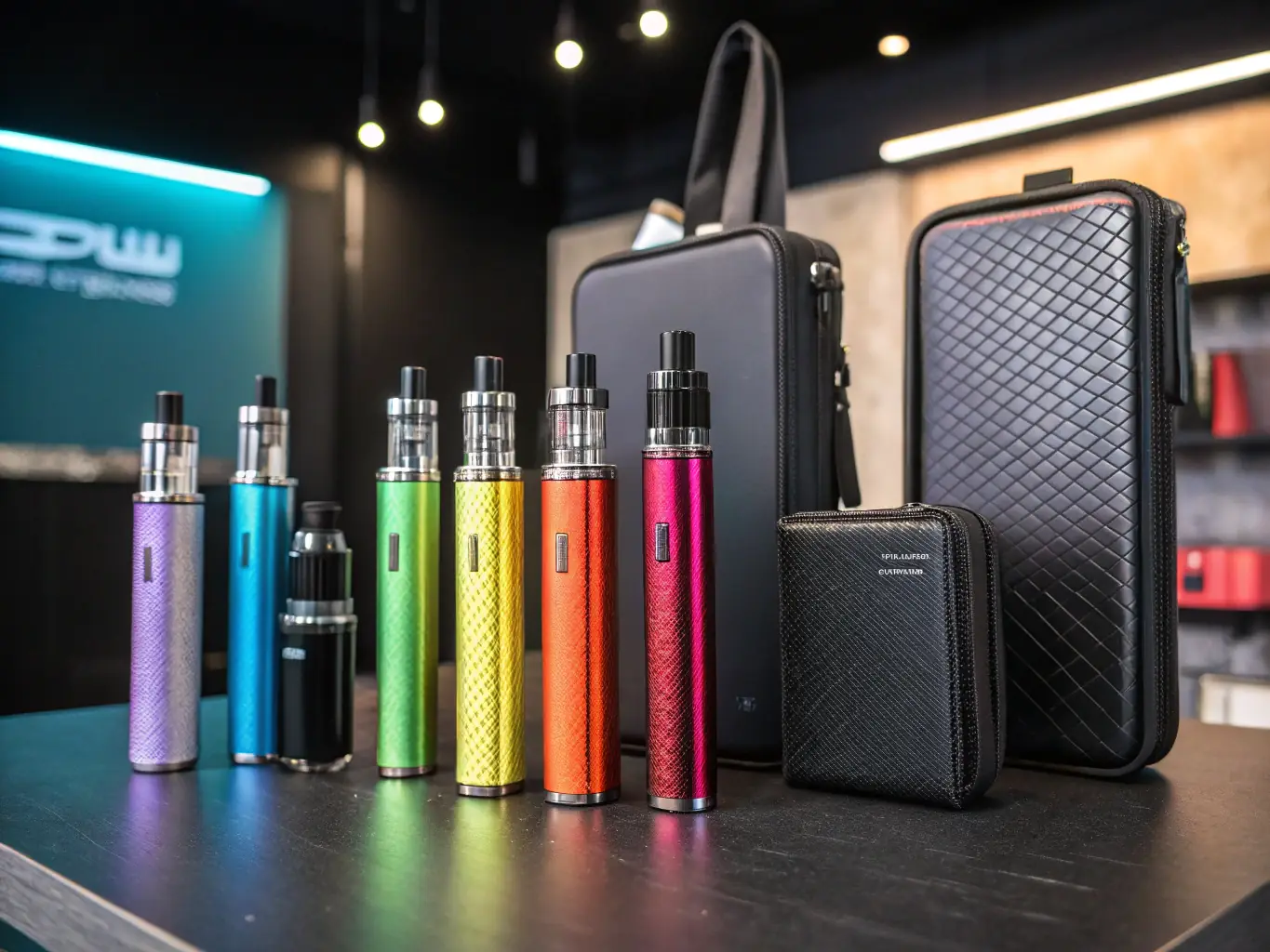 A close-up shot of various vape products, highlighting their design and quality. The image should feature a range of products, including vape pens, mods, and e-liquids.